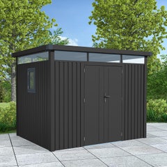 Abri de jardin métal anthracite 5.71 m² toit plat + kit d'ancrage