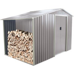 Abri de jardin métal gris châtaigne avec bûcher 6 m² + kit d'ancrage