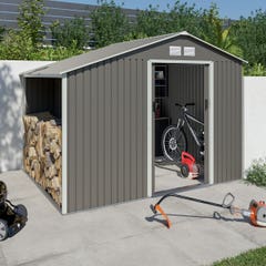 Abri métal gris châtaigne avec bûcher 8,13 m² + kit d'ancrage
