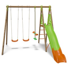 Station de jeux bois poutre métal 2,30 m Techwood Premium AKEO - 6 enfants